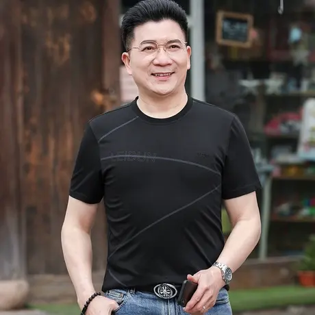 爸爸短袖t恤男士夏季中年上衣服装体恤衫圆领冰丝光棉黑色白色汗商品大图