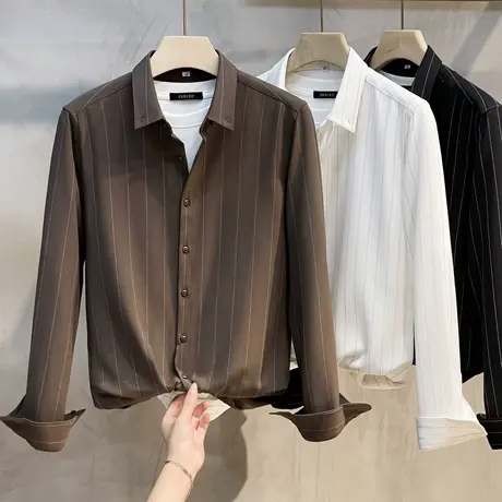 男士衬衫长袖春秋季2023新款日系条纹商务高端休闲衬衣男潮流免烫商品大图