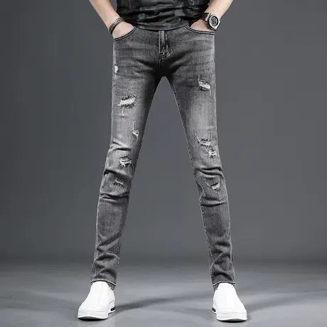 高街破洞牛仔裤男2023夏季新款浅灰色修身小脚潮牌弹力百搭裤子男商品大图