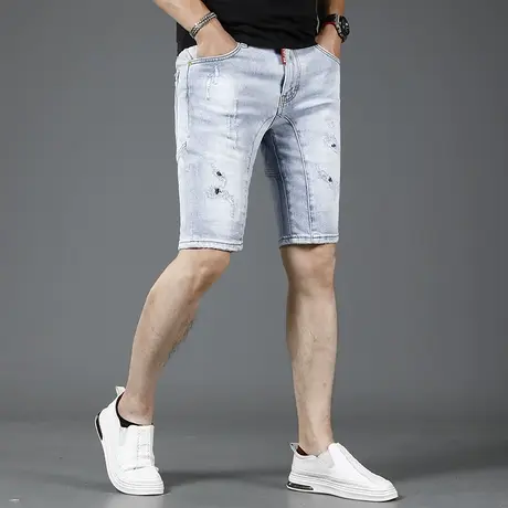 破洞牛仔短裤男款五分裤夏季薄款2023新款浅蓝色拼接潮牌男士中裤商品大图