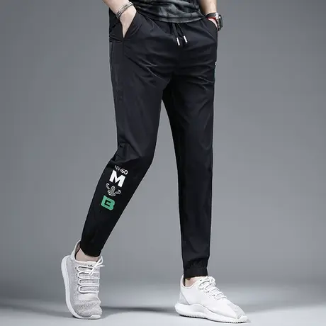 黑色休闲裤男夏季潮牌修身束脚黑色冰丝弹力百搭男士弹力薄款裤子商品大图