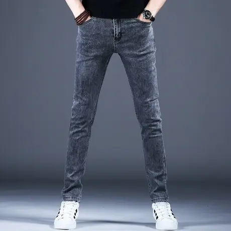 男士秋季新款牛仔裤子简约灰色修身弹力小脚裤2023常规四季男潮牌商品大图