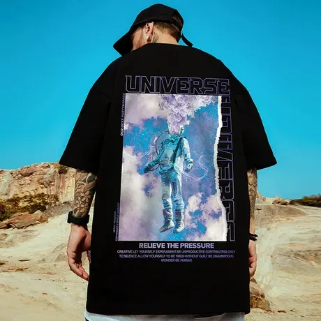 oversize港风潮牌国潮嘻哈宇航员短袖T恤男潮宽松大码情侣装半袖商品大图