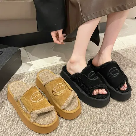 毛毛鞋女外穿拖鞋2023新款刺绣羊皮毛一体松糕厚底一字拖网红潮鞋商品大图