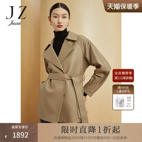 JZ玖姿轻松廓形皮风衣女装2022冬季新款时尚休闲系带绵羊皮外套图片