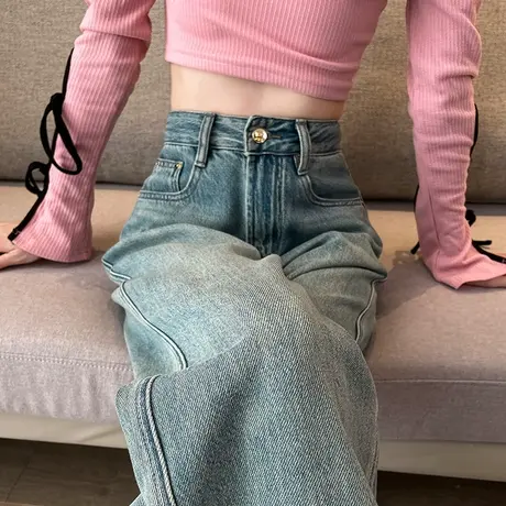 窄版阔腿牛仔裤女秋冬2023新款高腰直筒宽松显瘦小个子复古拖地裤商品大图