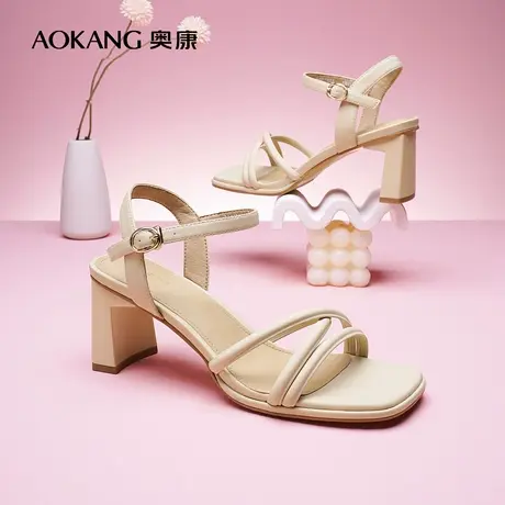 奥康女鞋夏季新款简约方头一字带时装凉鞋优雅粗跟通勤百搭鞋图片