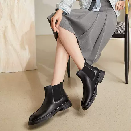 康奈女鞋2024冬季新款切尔西靴短靴冬季中跟加绒女靴厚底瘦瘦靴女图片