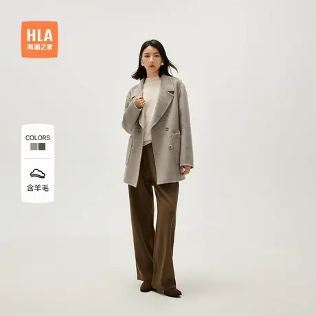 HLA/海澜之家西装领大衣24秋冬新款双排扣保暖双面毛呢短外套女装商品大图