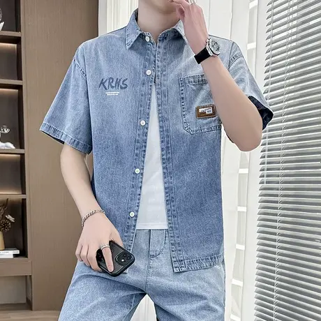短袖牛仔外套男士夏季薄款衬衫宽松潮流潮牌衬衣休闲复古夏装上衣商品大图