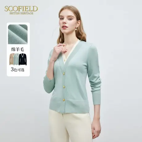 【绵羊毛】Scofield女装优雅v领撞色假两件羊毛针织开衫春季针织商品大图