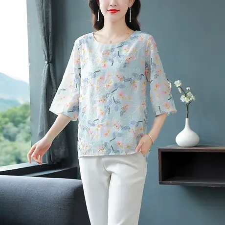 夏季短袖绣花雪纺衫女上衣2023夏装新款时尚洋气减龄宽松遮肉小衫商品大图