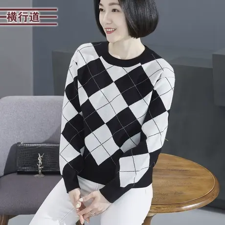 圆领格纹宽松胖MM中年妈妈长袖毛衣女针织衫大码上衣2023新款冬装商品大图