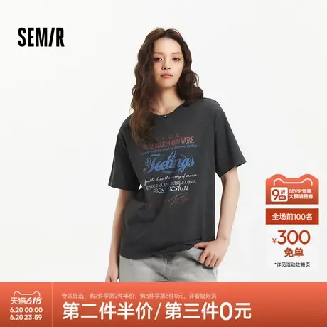 森马短袖T恤女中长款斑驳字母个性夏季街头宽松蜡染做旧上衣潮酷商品大图