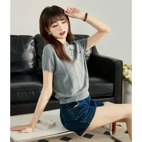 唐狮春夏女POLO领绞花小细节短袖毛线衫宽松灰色显瘦气质上衣商品大图