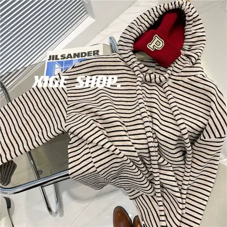 肌理感小众时髦条纹卫衣女秋新款设计感宽松显瘦长袖连帽上衣外套商品大图