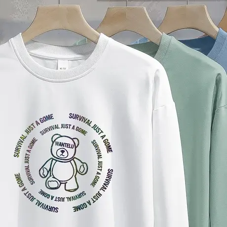 白色卫衣男2023新款潮牌小熊圆领长袖春秋款加绒套头无帽上衣百搭商品大图