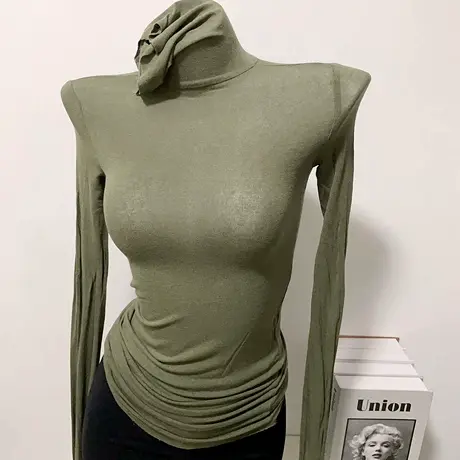 打翻了调色盘 ~ 轻薄透气高领修身弹力长袖T恤堆堆领打底衫内搭秋商品大图