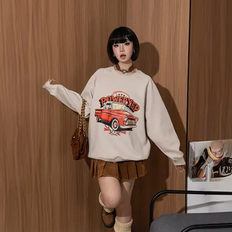 YEP美式汽车印花圆领卫衣女春秋2025新款复古插肩袖宽松无帽上衣商品大图