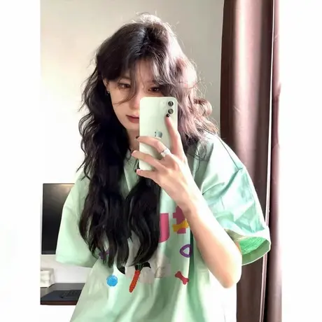 美式纯棉正肩短袖t恤女夏季宽松韩系半袖设计感小众chic港味上衣商品大图