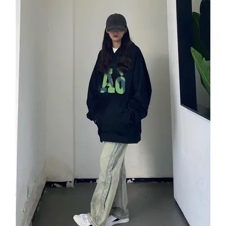 黑色薄款连帽卫衣女2023秋季新款宽松显瘦百搭bf慵懒风外套上衣服商品大图