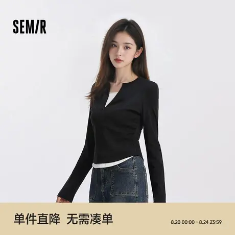 [商场同款]森马长袖T恤女短款显瘦设计感2025新款修身假两件秋装商品大图