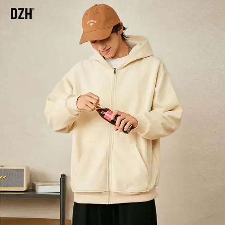 男士秋季外套潮牌男休闲运动肌理感上衣帽衫秋装男款杏色开衫卫衣商品大图