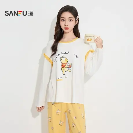 三福【维尼熊联名】女秋季趣味图案圆领长袖家居服套装504571图片