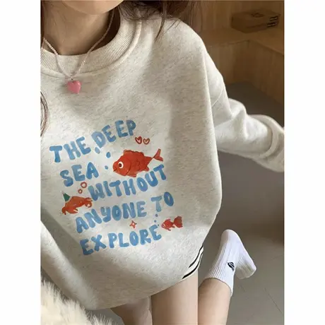 美式复古灰色无帽重磅卫衣女2025新款小个子宽松慵懒圆领长袖上衣商品大图