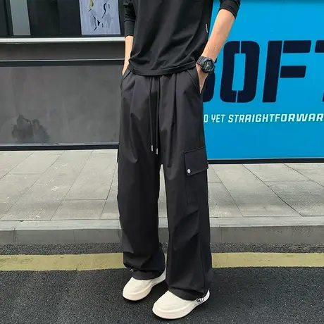 美式工装裤子男春秋季新款潮牌宽松直筒休闲长裤大口袋纯色伞兵裤商品大图