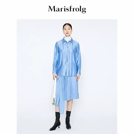 【精简美学】Marisfrolg玛丝菲尔冬季新款蓝色缎面醋纤风琴褶衬衫商品大图