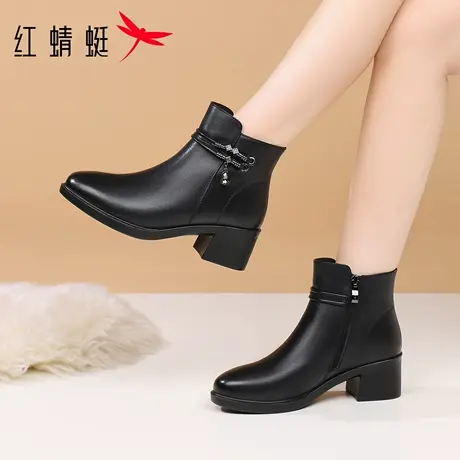 红蜻蜓冬季女鞋女士靴子女高跟短靴真皮加绒加厚高帮皮靴妈妈棉靴图片