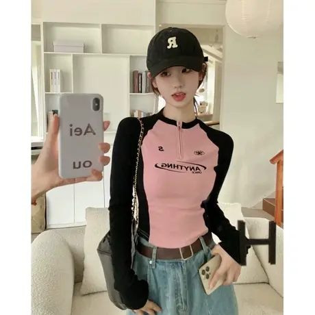 美式辣妹短款插肩袖t恤女内搭秋季拉链字母修身拼接长袖打底上衣商品大图