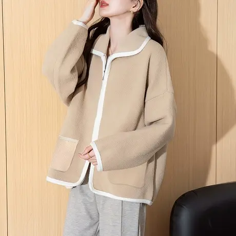 唐狮秋冬外套女简约风撞色边设计翻领针织开衫女高级感上衣爆款tu图片