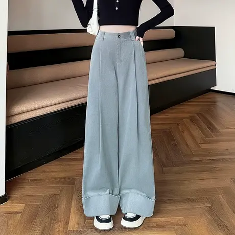 唐狮秋冬季女士灯芯绒长裤宽松休闲净色翻边设计感高级慵懒风tuTA商品大图