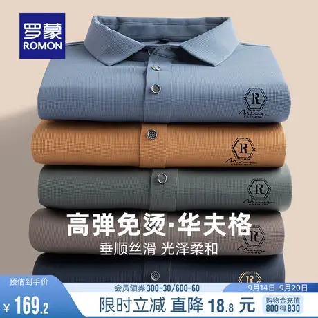 【高弹华夫格】罗蒙男士时尚长袖POLO衫2023秋季新款商务无痕T恤商品大图