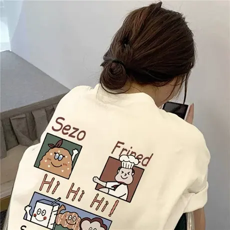 杏色短袖t恤女夏季2023新款多巴胺穿搭显瘦宽松大版纯棉半袖上衣图片