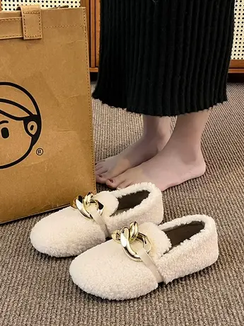 毛毛鞋女秋冬外穿2023新款爆款羊羔毛豆豆鞋一脚蹬平底加绒棉鞋女图片