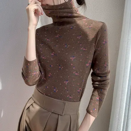 法式高领小碎花长袖羊毛针织打底衫女2023秋冬新款波浪领内搭上衣图片