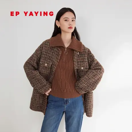 EP雅莹女装 羊驼毛混纺毛呢外套 格纹圆领短大衣 商场同款8401A商品大图