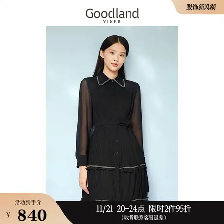 Goodland美地女装2023春季气质高级感衬衫式压褶钉珠连衣裙图片