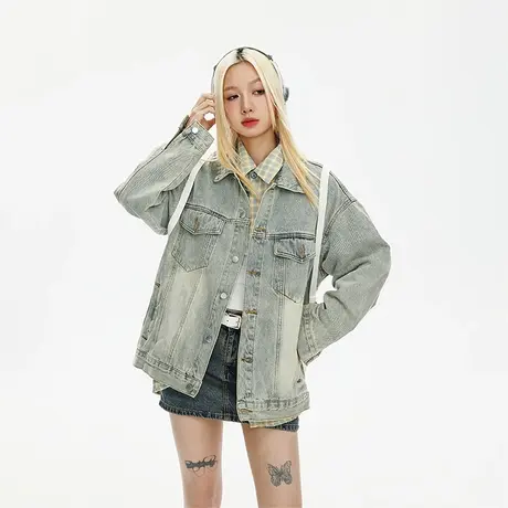 美式复古牛仔外套女2023年新款秋季做旧潮牌夹克宽松oversize上衣商品大图