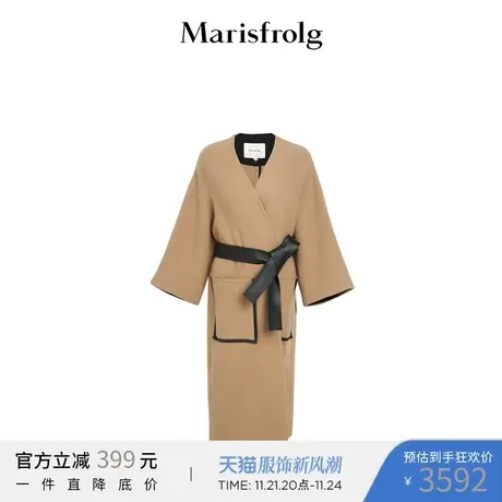 【商场同款】玛丝菲尔春季新款深咖色系带式羊毛复古毛呢外套商品大图