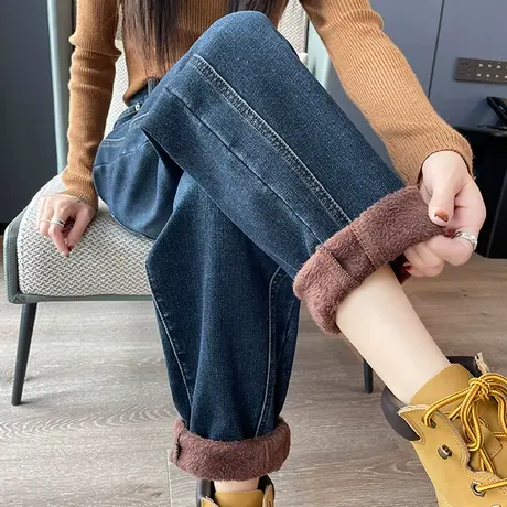 加绒牛仔裤女秋冬2023年新款宽松高腰加厚阔腿直筒老爹哈伦裤子商品大图