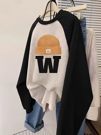 韩版复古chic插肩袖女装卫衣秋冬大码宽松ins潮撞色卡通外套上衣商品大图