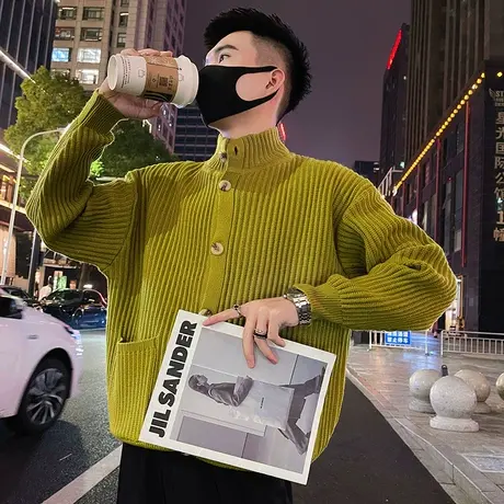 冬装纯色针织衫外套潮牌秋冬小众设计感潮流简约休闲毛衣开衫上衣商品大图