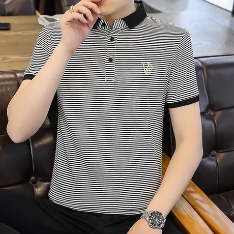刺绣潮牌宽松夏季新款短袖Polo衫男上衣白色t恤体恤百搭条纹薄款商品大图