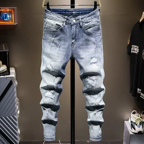 夏季薄款浅色潮牌破洞牛仔裤男直筒宽松乞丐裤子男韩版潮流百搭款商品大图