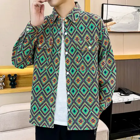 秋季潮牌长袖衬衫外套男款韩版纯棉薄款夹克美式个性痞帅印花衬衣图片