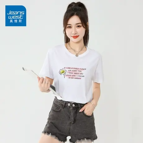 真维斯字母印花短袖2023新款纯棉基础款打底衫外穿圆领商品大图